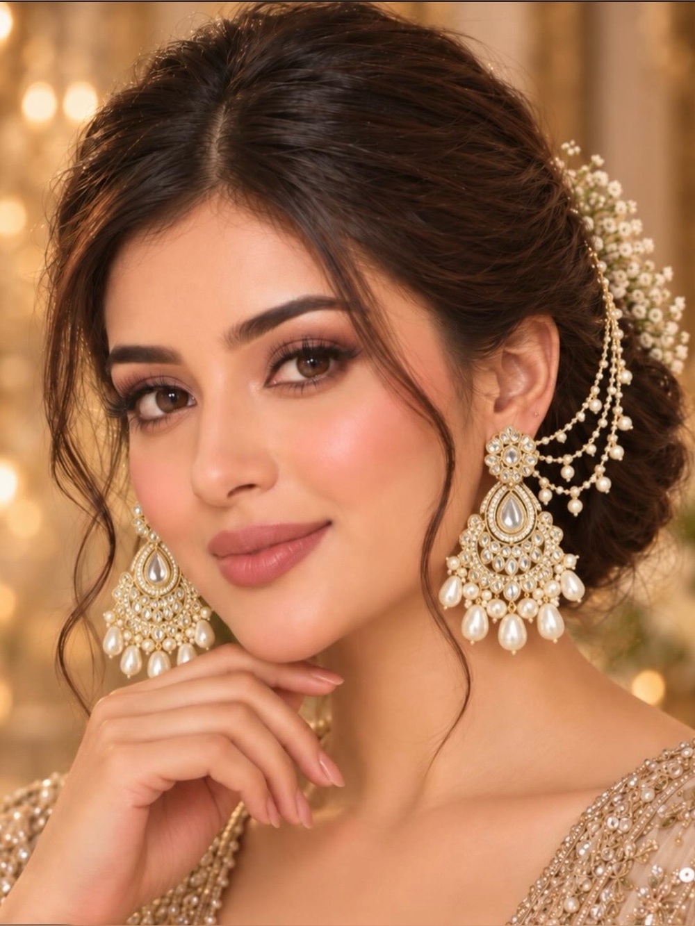 Elegant Pearl and Crystal Chandbali Earrings - Gold Tone